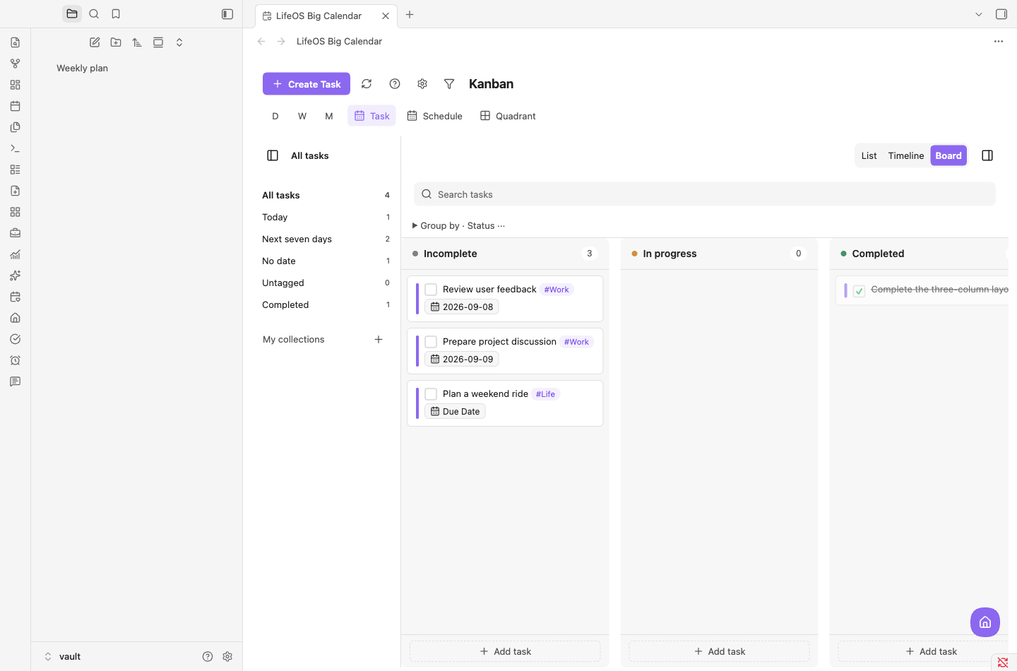 Obsidian LifeOS Pro task board: switch task grouping within the same workspace