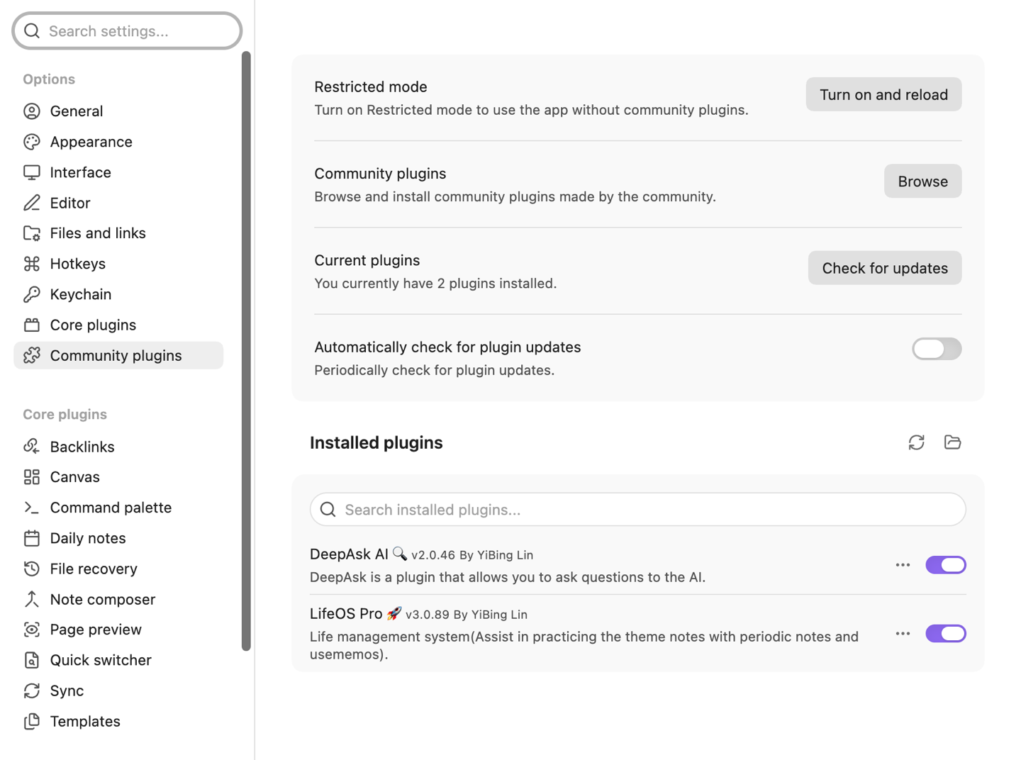 Enable LifeOS Pro and DeepAsk in Obsidian Community plugins